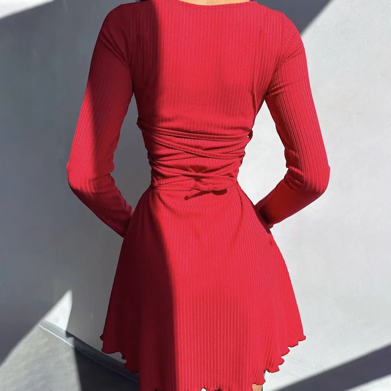 Bandage Ruffled High Waist Mini Dress For Women Long Sleeve Fashion Lace-Up Solid Patchwork Autumn 2025 Bodycon Dress New