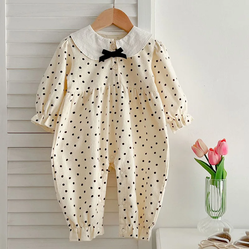 

Infant Baby Girls Long Sleeves Sweet Dot Bowknot Princess Jumpsuits Spring Newborn Kids Baby Girls Children Rompers 0-3Yrs