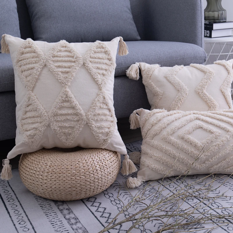 Simple Tufted Cushion Cover Geometric Rhombus Wave Big Tassel Pillowcase Hand-tufted and Crocheted Decorative Sofa Pillow Cover
