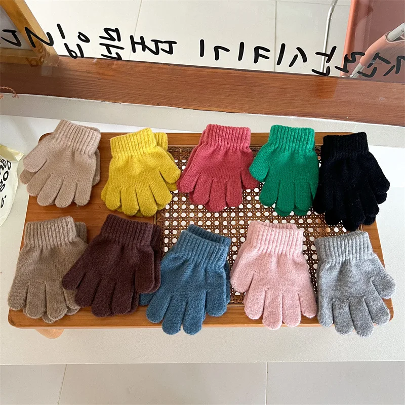 Solid Color Kids Gloves Winter Thick Velvet Boy Girl Warm Five Finger Mittens Outdoor Riding Windproof Children Anti-Cold Gloves