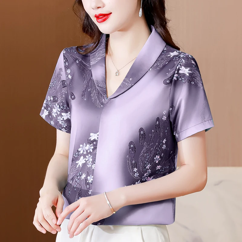 

L-4XL 2023 Summer Women tops V-neck Short Sleeve Silk Satin OL Shirt Vintage Flower Printed Blouse Blusa