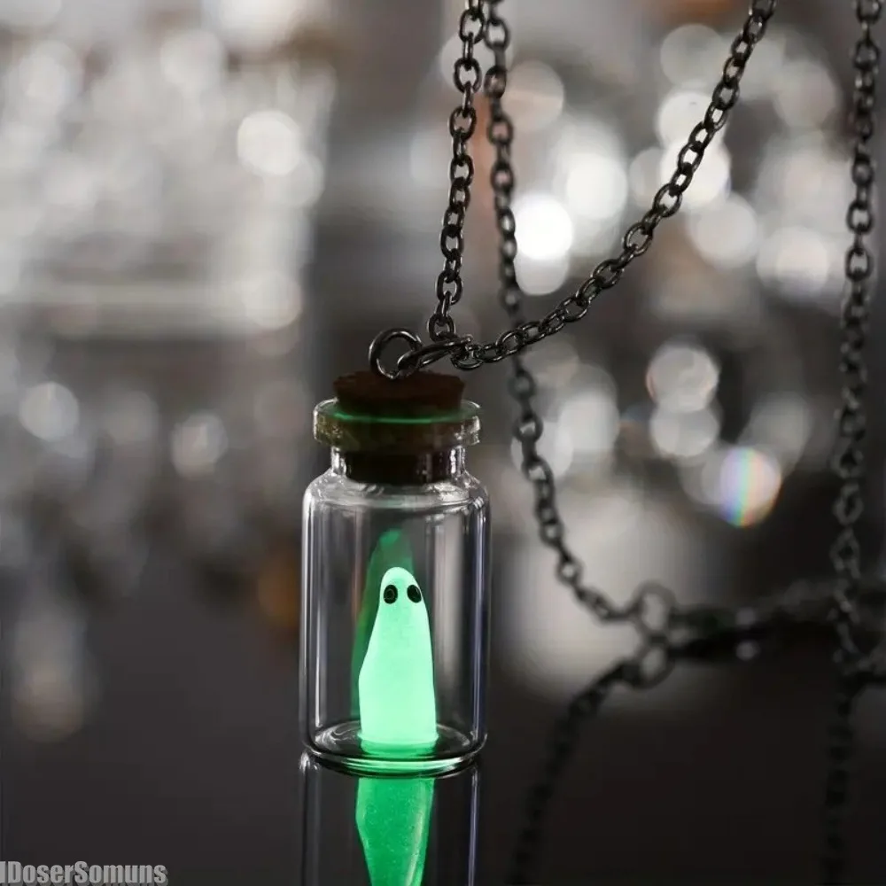 Ghost in A Bottle Pendant Necklace Halloween Jewelry Cute Glow Mini Vial Jar Light Charms Decor Earring Locket Spooky Decoration 2