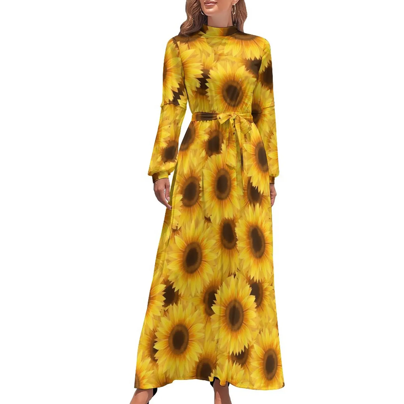 

Sunflower Print Dress Nature Flower Elegant Pattern Maxi Dress High Waist Long Sleeve Aesthetic Bohemia Long Dresses