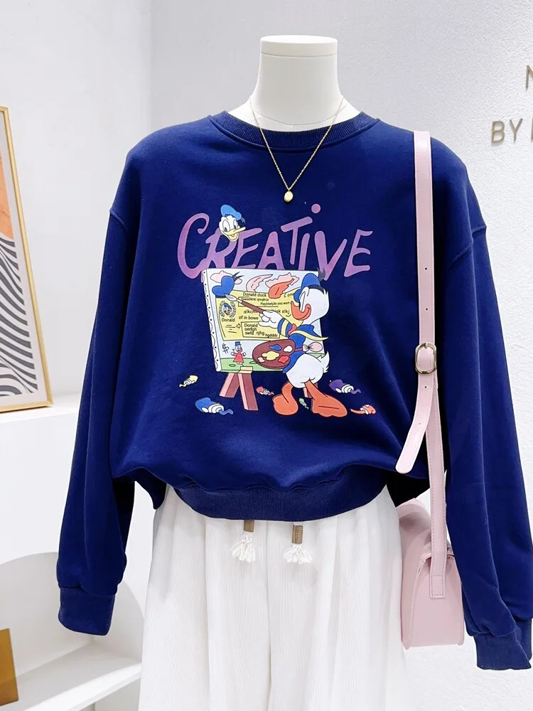 Potdemiel Spring Top Fashion Chic Sweet Cartoon Printed Shoulder Long Sleeved Short Sweatshirts Terry Cotton Sudadera De Mujer