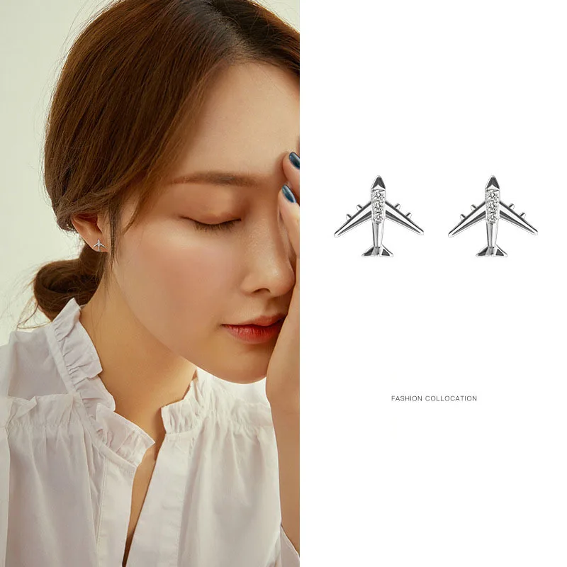 Silver Stud Earrings Silver Earrings Womens Earrings 925 Sterling Silver plane Earrings Pave Zircon Mini Aircraft Airplane Ear Stud Women Simple Fashion Wedding Jewelry Accessories