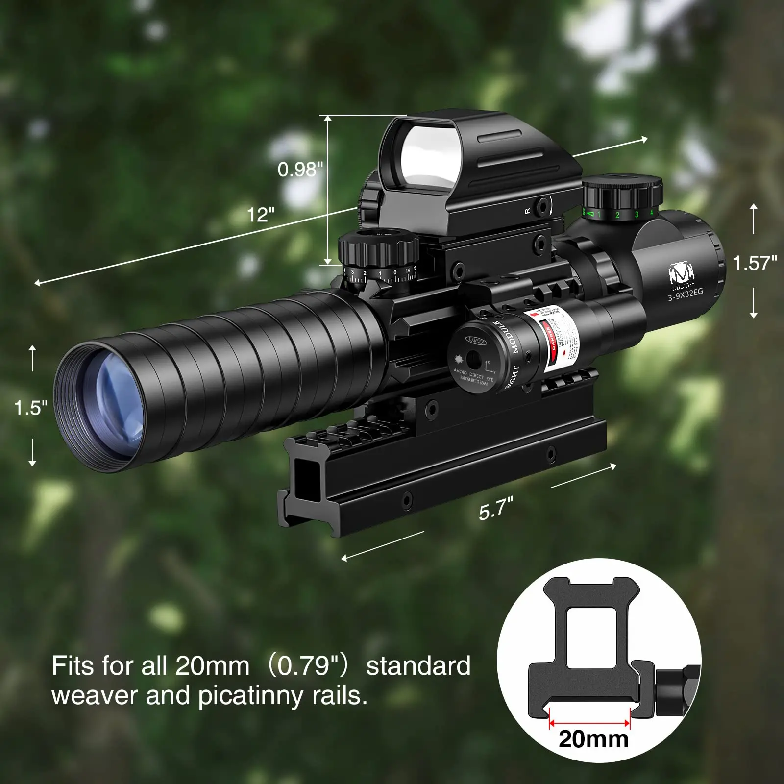 UUQ 3-9X32EG Tactical Rifle Scope Combo With Red/Green Laser & Reflex Sight - Complete Hunting Package
