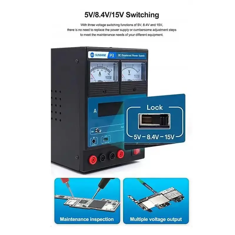 SUNSHINE P3 DC 조정 전원 공급 장치, 다기능 멀티미터용 듀얼 디지털 디스플레이, 단락 보호, 5V, 8.4V, 15V