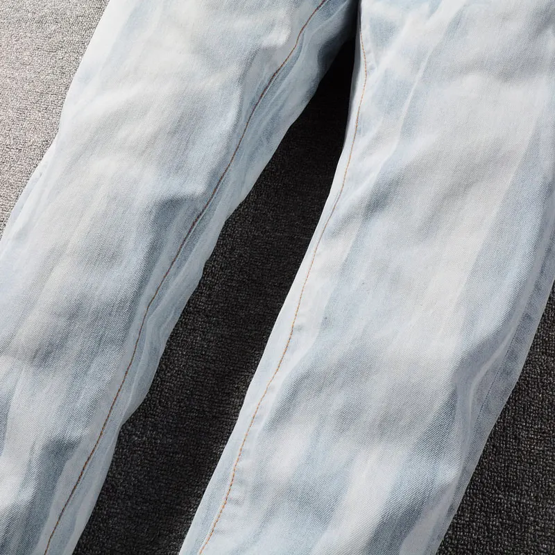 High Street Fashion Men Jeans Retro Light Blue Stretch SKinny Fit Brand Jeans Homme Tie-Dye Designer Hip Hop Denim Pencil Pants