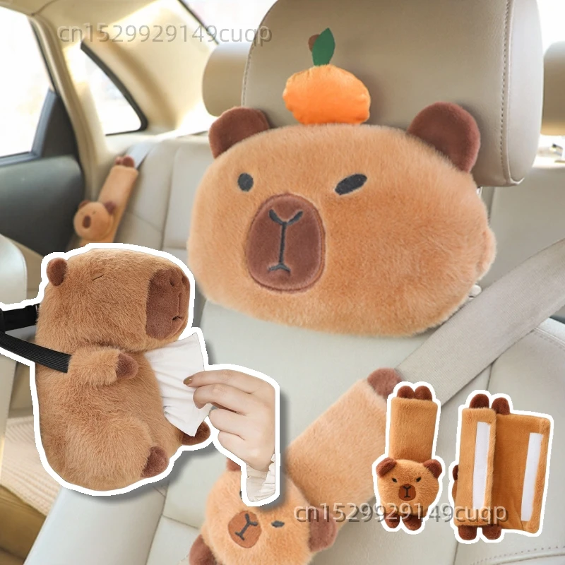 

Cute Capybara Plush Car Pillow Neck Pillow Tissue Box Car Car Headrest Shoulder Cover Combination Of Car Supplies Decoration Car