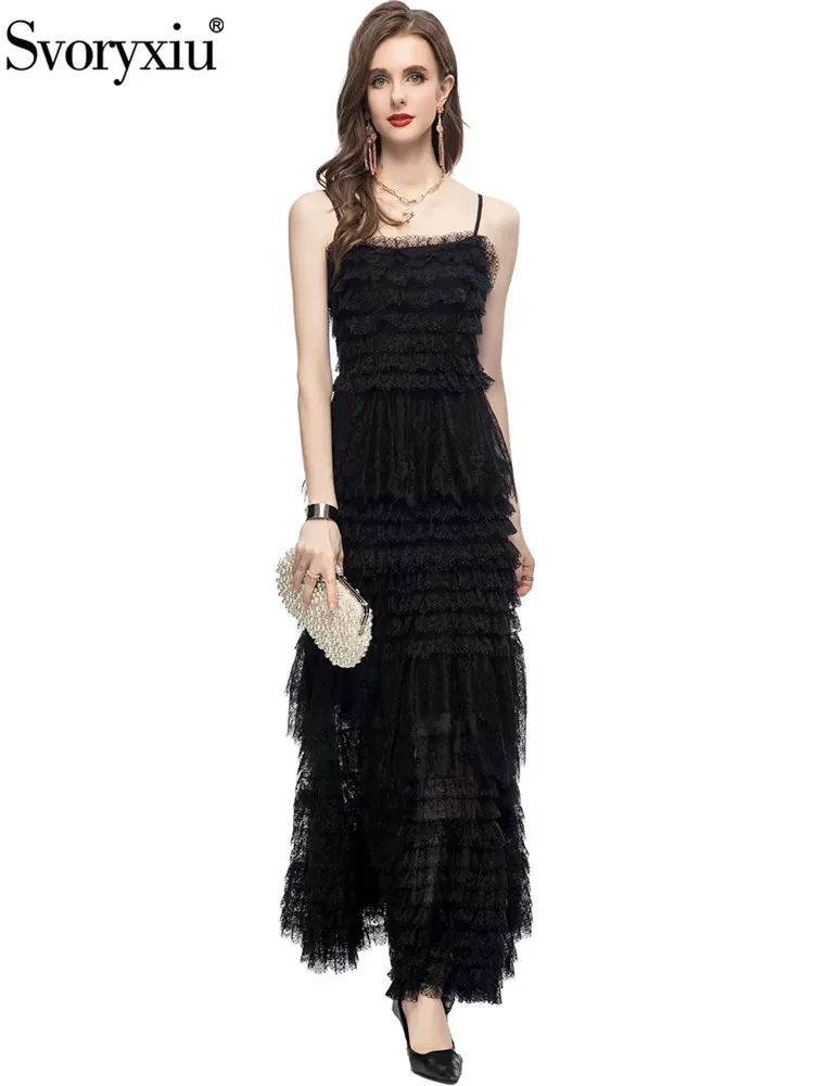

Svoryxiu Summer Fashion Black Color Elegant Big Swing Long Dress Women's Strapless High Waist Net Yarn Cascading Flounces Dress