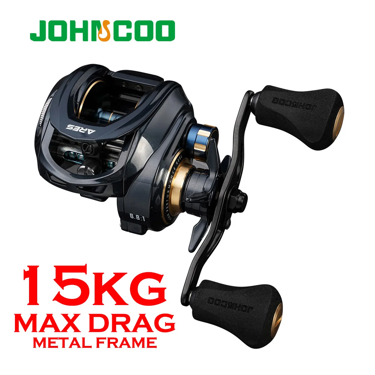 JOHNCOO ARES Baitcasting Reel Aluminum Frame Saltwater Fishing Reel 6.8:1 Gear Ratio 15kg Max Drag Low Profile Baitcast Reel
