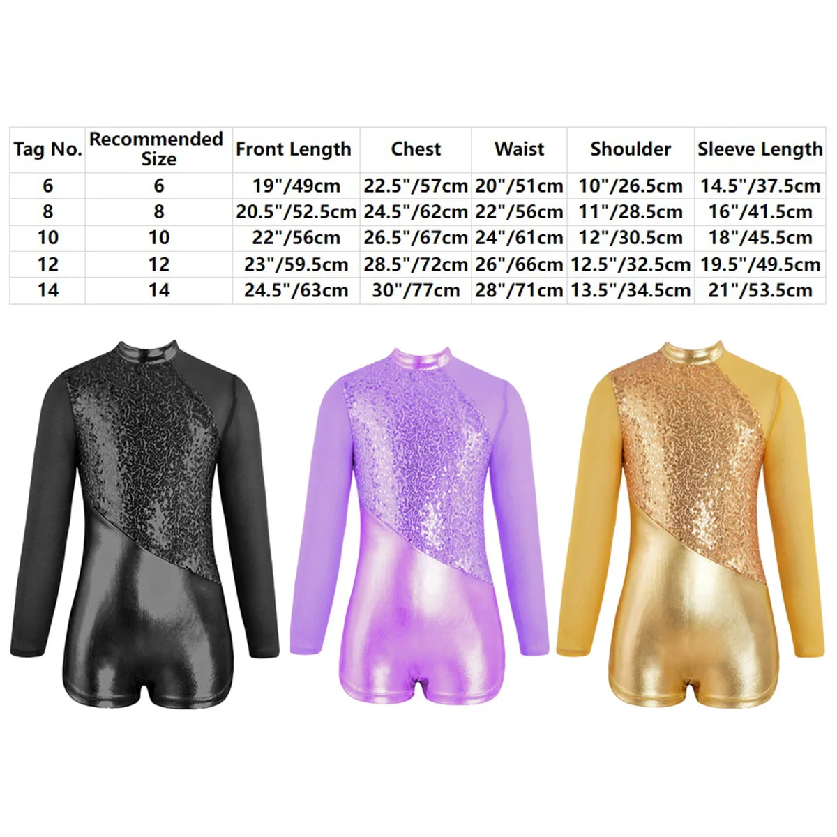 Kids Girls One Sholder Long Sleeve Ballet Gymnastics Leotard Sequins Latin Jazz Dance Shorty Unitard Bodysuit Jumpsuit Costume