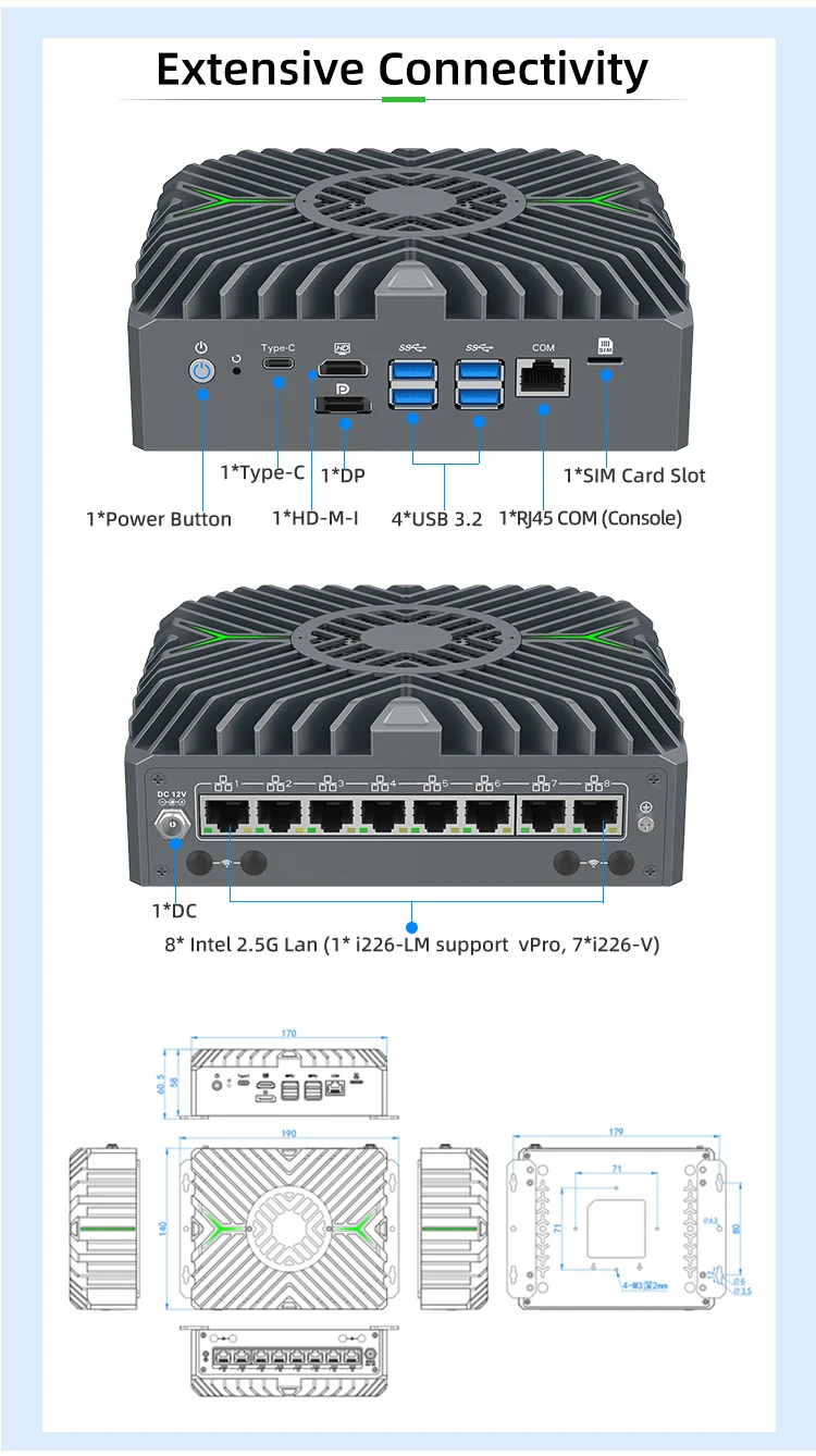 새로운 산업용 미니 PC 방화벽 14세대 울트라 5 125U 8 인텔 2.5G 랜 트리플 디스플레이 DDR5 Pfsense M.2 NVME 2.5인치 HDD/SSD