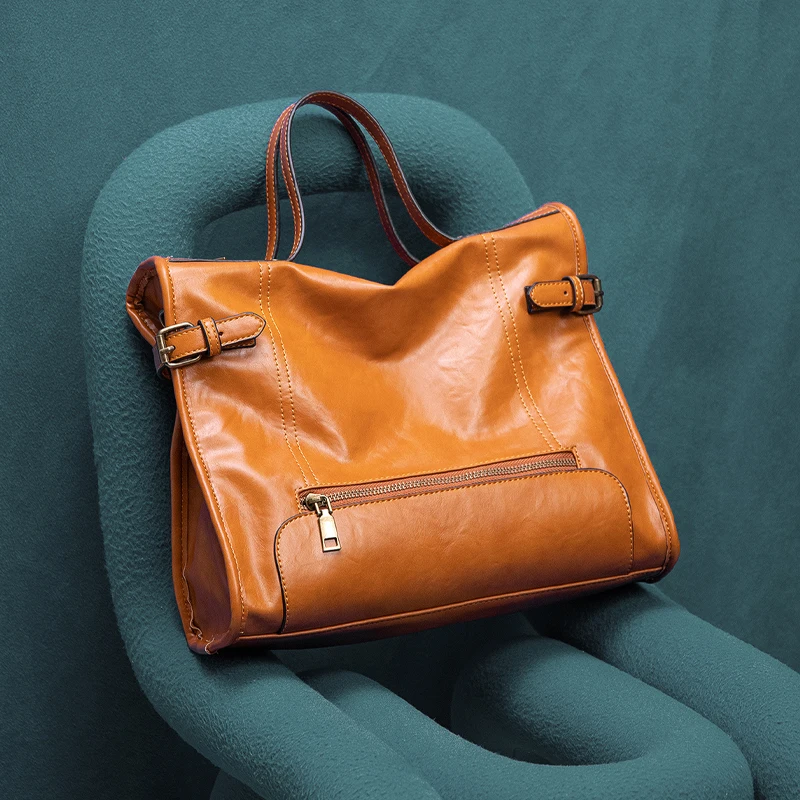 

Women's Tote Vintage Oil Wax Soft Leather Large capacity Handbags Casual High Quality Briefcase Messenger Crossbody bags