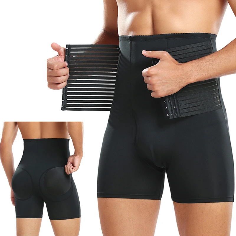 New Men Padded Boyshorts Butt Lifter High Waist Tummy Control Shorts with Buckle Hip Enhancer Compression Belly Shaper Panties men padded boxer underwear butt lifter shapewear removable pads hip enhancer tummy control shorts high waist body shaper panties