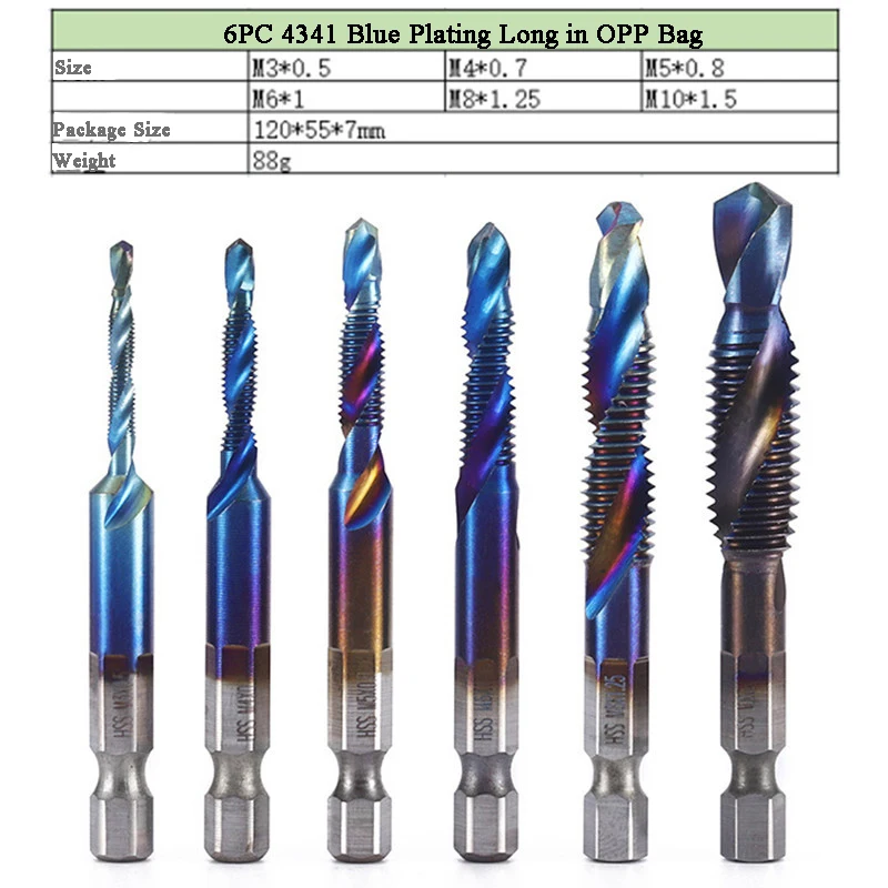 L-FIRST 6pcs Tap Drill Bit Hex Shank Titanium Plated HSS Screw Thread Bit Screw Machine Compound Tap M3 M4 M5 M6 M8 M10 Tools best hand planer Hand Tools