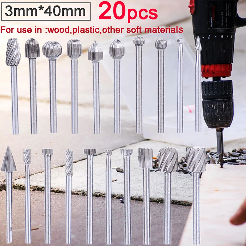 

20pcs Tungsten Carbide Rotary Burr Set 3mm Shank Single Cut Diamond File Rotary Tool Kit For Wood Metal Dremel Drill Bits