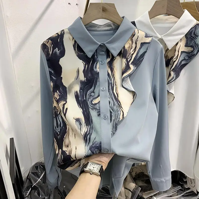 

Polo Neck Pathwork Lapels Chiffon Buttons Blouse Smooth, Large Collar Shirt for Women 2024 Summer Ladies Print Blouse W81