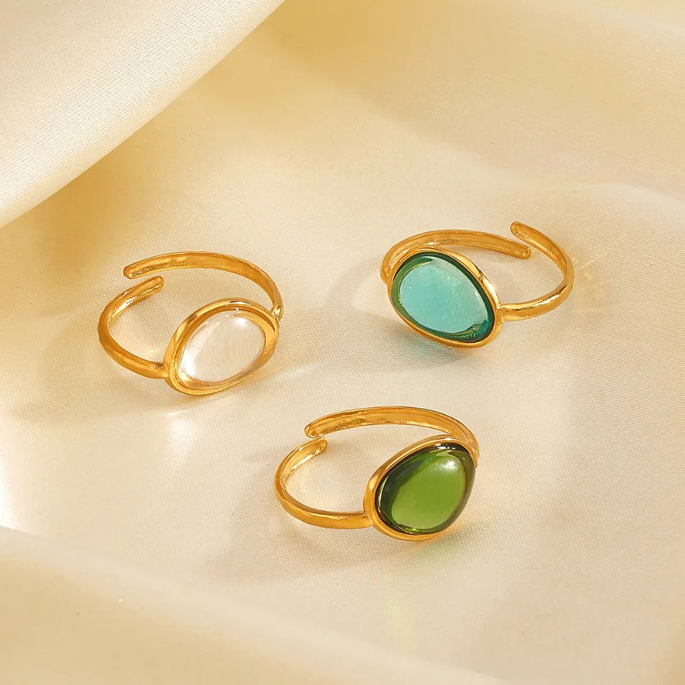 Fashion Transparent Multicolour Resin Opening Rings for Women Girls Stainless Steel Natural Stone Adjustable Finger Ring Jewelry