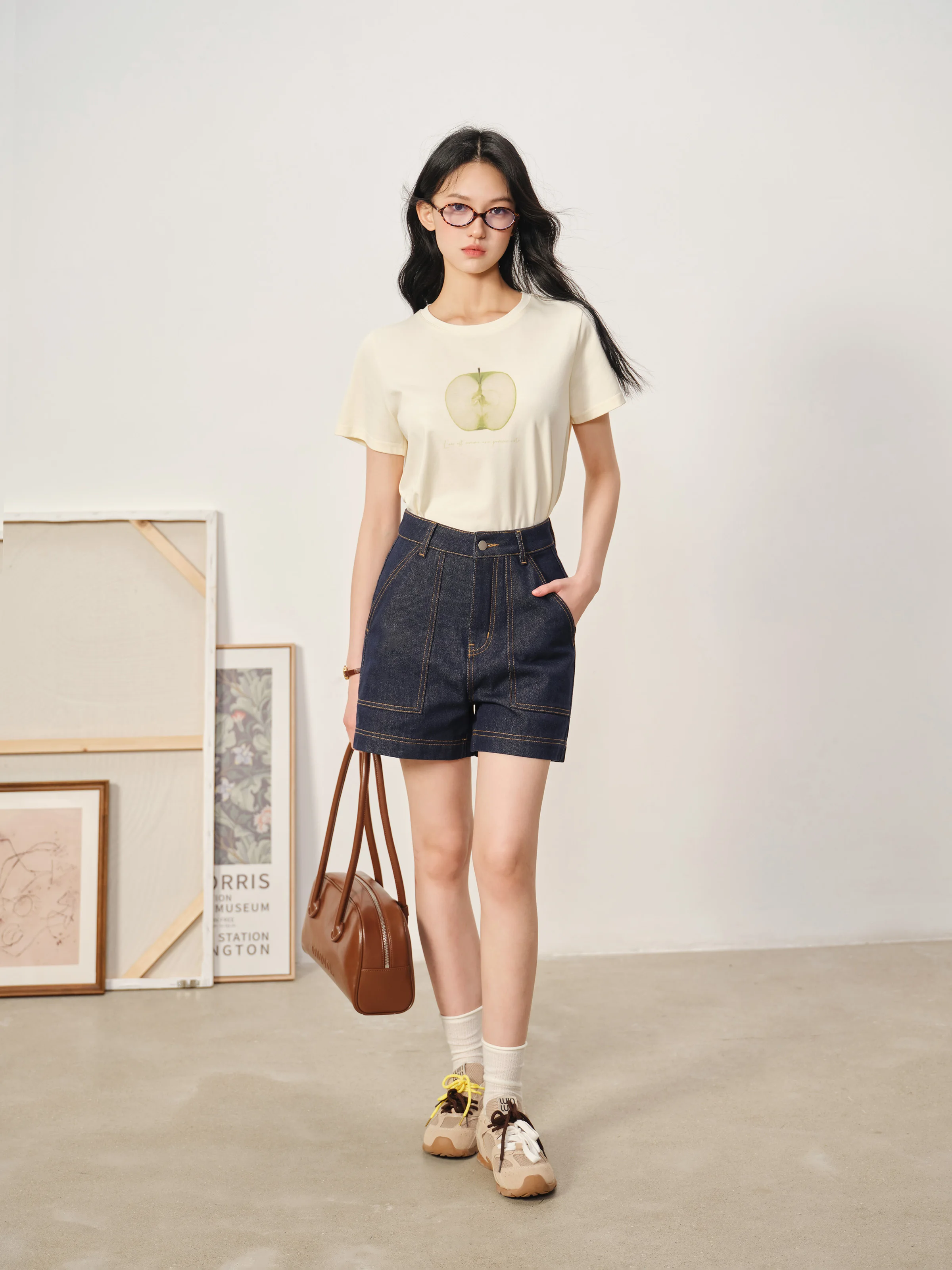 High Waist Denim Shorts Women Contrast Stitching Vintage Jean