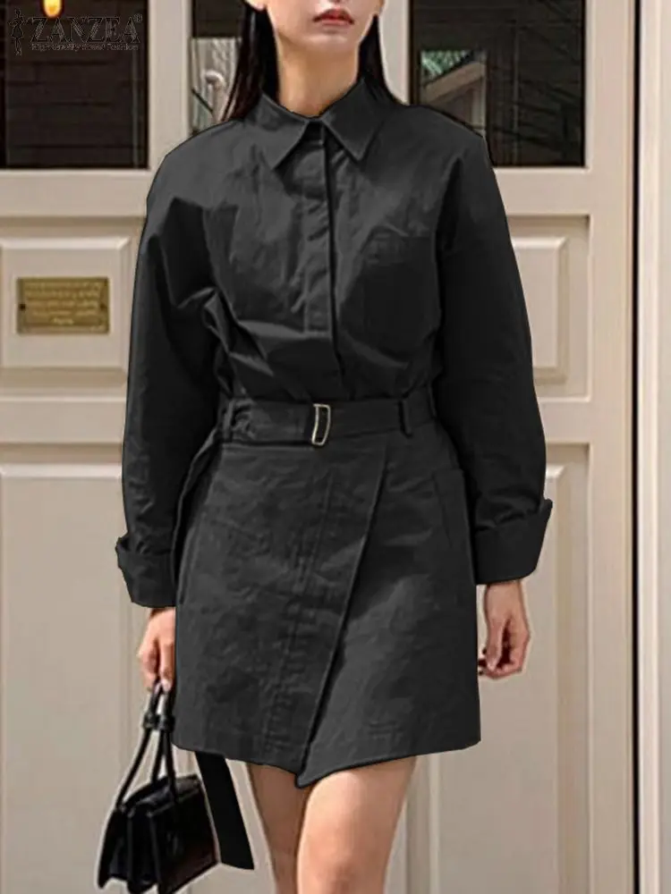 

Women Belted Lapel Mini Dress ZANZEA 2023 Autumn Korean Cargo Dress Holiday Long Sleeve Vestidos Fashion Shirt Dress Streetwear