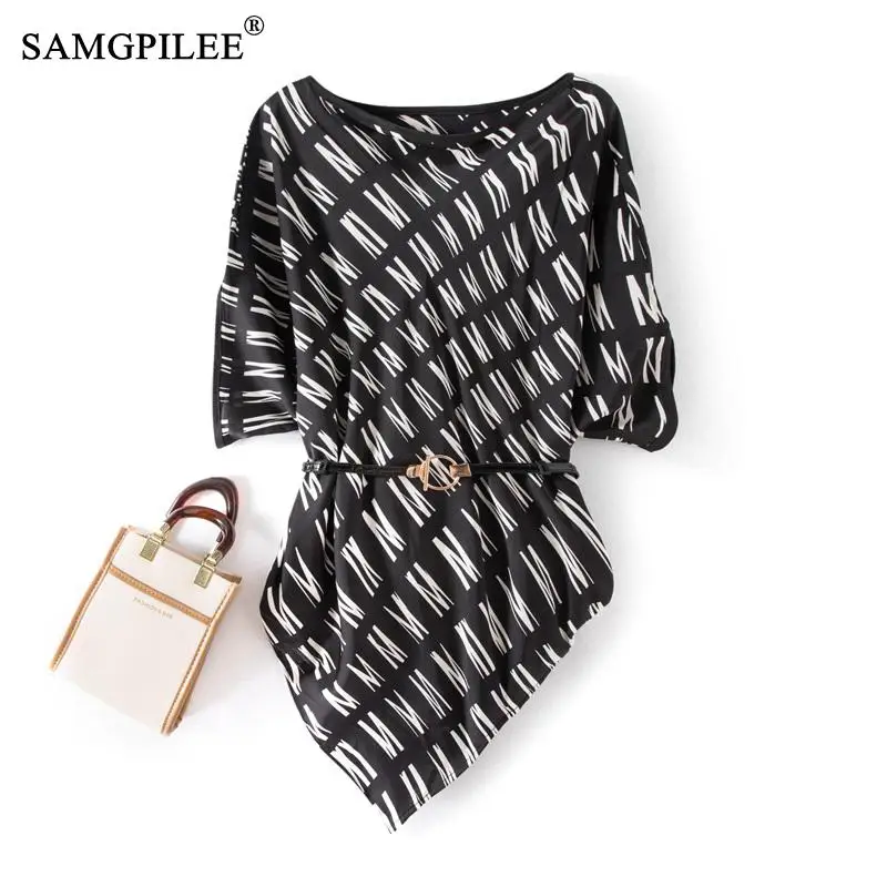 

Модная женская блузка 2023, шифоновый топ неправильной формы с воротником-лодочкой и надписью, накидка типа, тонкая талия, шифоновые женские футболки 4XL