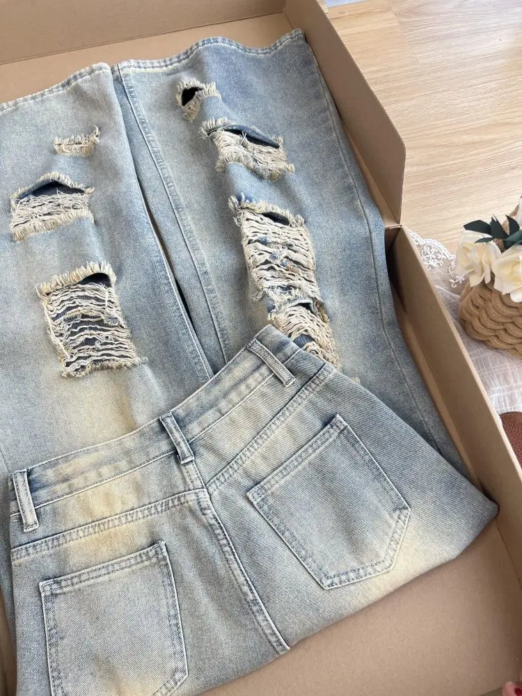 2025 Autumn New Retro Old Ripped Jeans Wide-leg Jeans Women Loose Pants Trousers Baggy Jeans 4