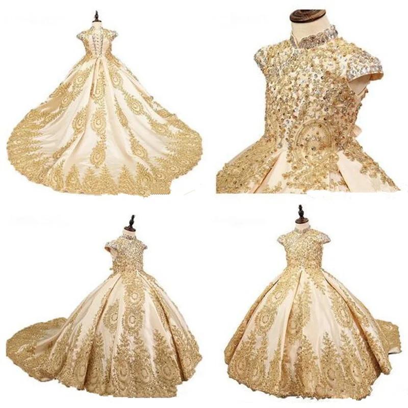 Robes de demoiselle d'honneur perlées dorées pour mariage, robe de reconstitution historique longue, appliques en dentelle de fibre, robes de sainte communion pour les enfants