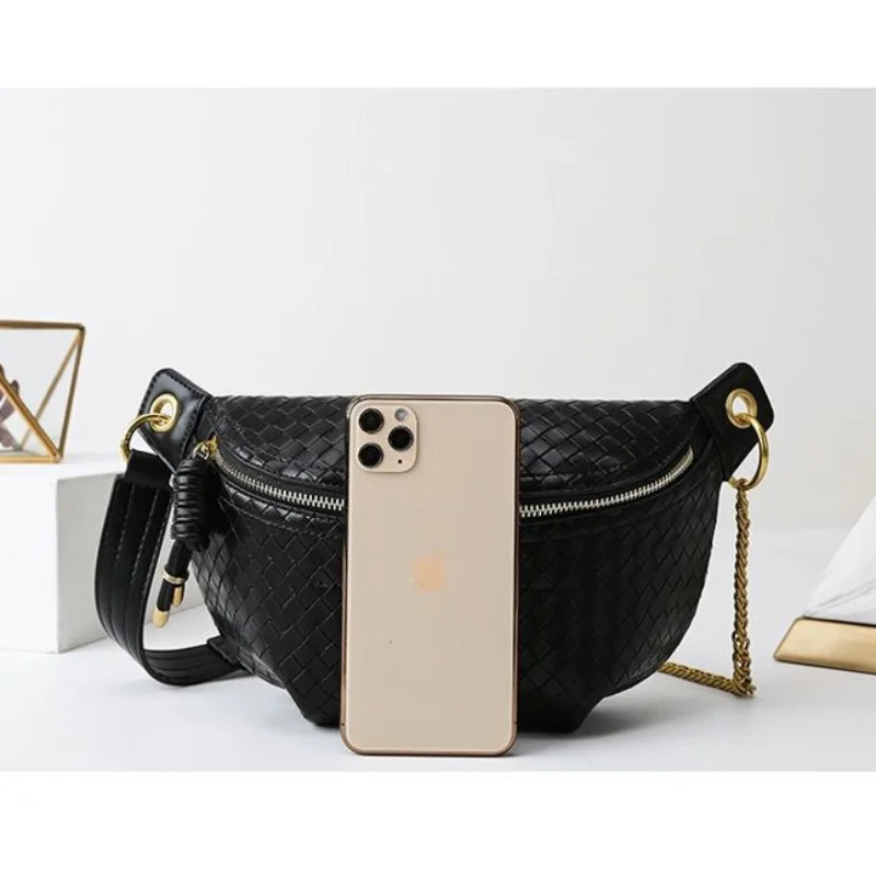 Strap Crossbody Leather Bags Braided Embossing Plaid Pattern Fanny Pack for Women Fashion Chain Waist Bag Female Waist Pack Lady