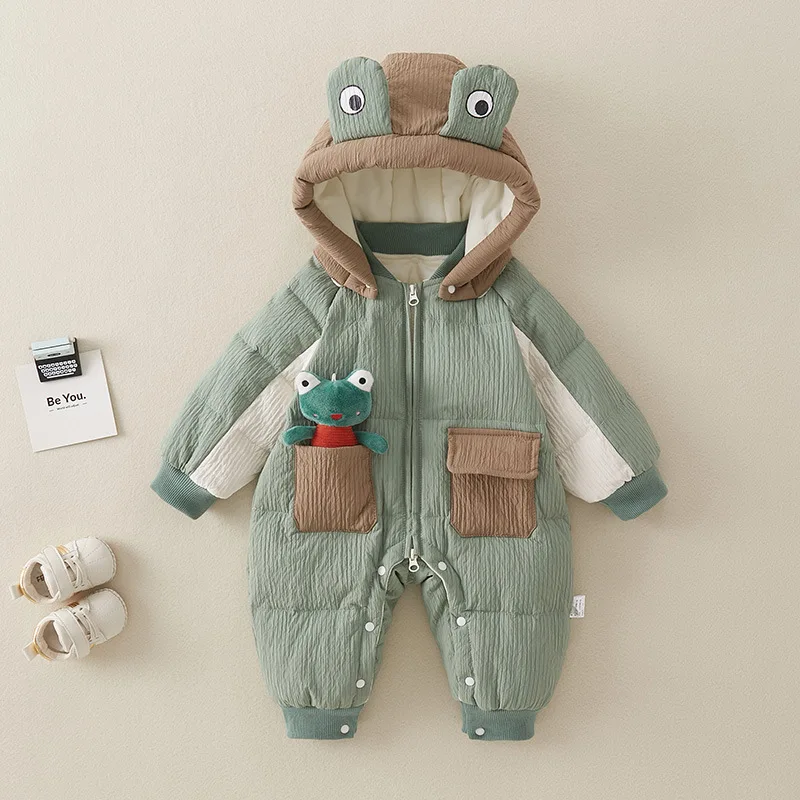 Winter Baby Boys Down Jacket Jumpsuit White Duck Down Thickening Newborn Boys Climbing Suit Cartoon Frog Infant Boy Romper