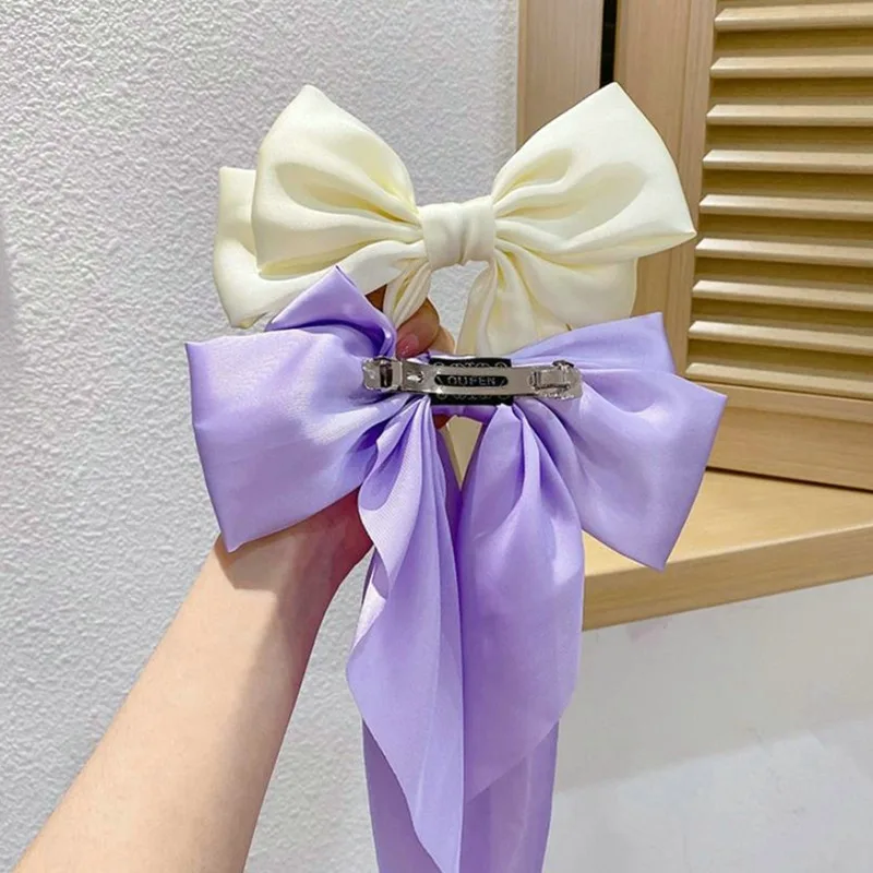 2Pcs Girls Barrettes Chiffon Solid Color Large Bowknot Hair Accessories  Stain Hairpin Ponytail Clip Bow Hair Clip WHITE 