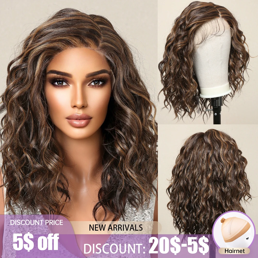 LaceFrontSyntheticWigsPrepluckedCurlyWaveBrownGoldenHighlight