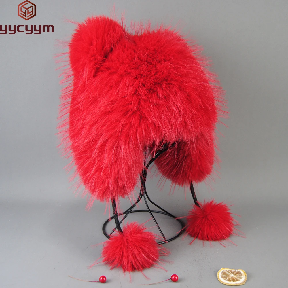 

Fluffy Soviet Hat False Raccoon Fur Hats for Woman Winter Octopus Bomber Earflap Knitted Ball Fashionable Flap Cap Mongolian Hat