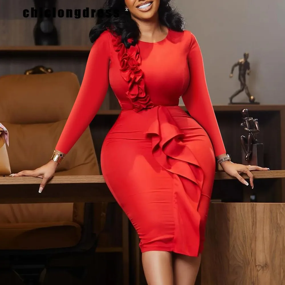 Women's 3D Ruffle Flower Pencil Dress, Elegant OL, Monochromatic, Round Neck, Long Sleeve, Slim, Autumn, Winter Fashion