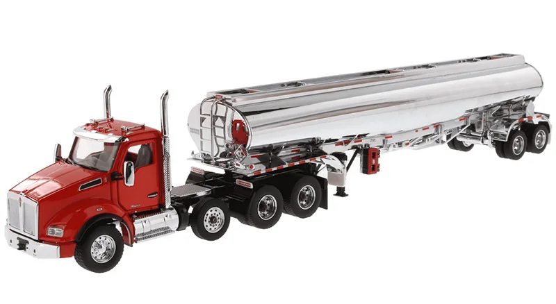 New DM 1:50 Kenwworth T880S SBFA Tandem Day Cab in Red with Pusher Axle and Heil FD9300 DT-C4 Petroleum Tanker Trailer in Chrome