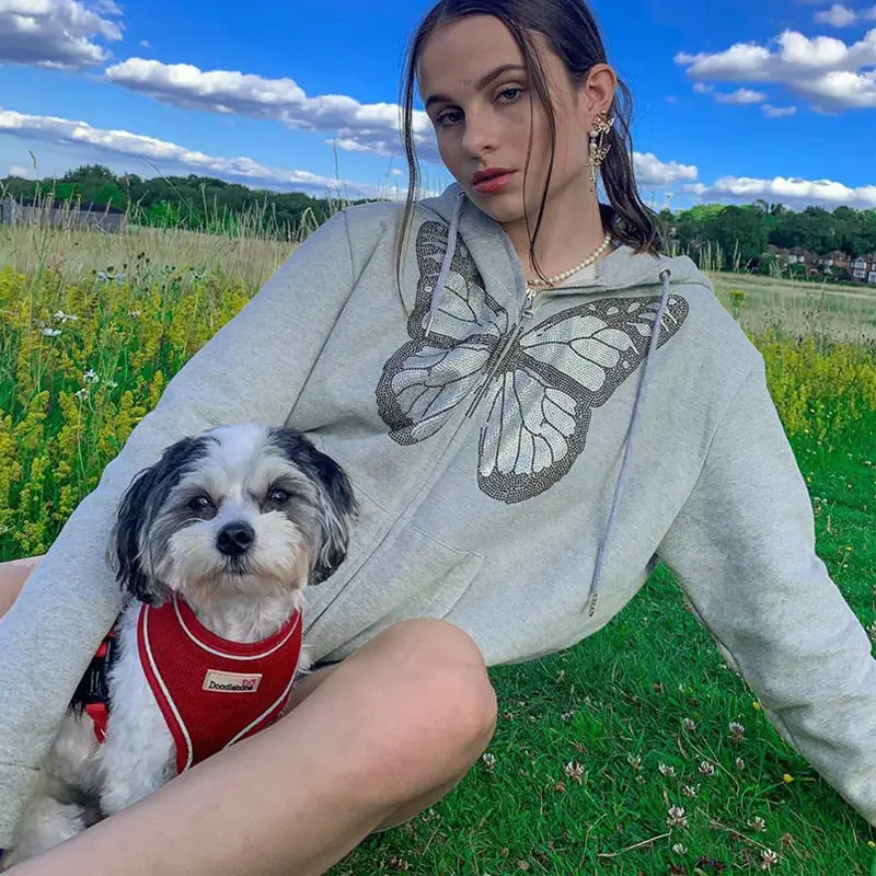 

Hot selling fashion butterfly hot diamond long sleeved hoodie 2024 autumn/winter women's versatile casual top
