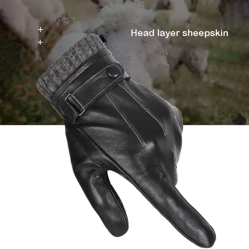 Winter Genuine Sheepskin Leather Gloves Men Warm velvet lined Full Finger Touchscreen Outdoor Cycling Driving Motorcycle Gloves