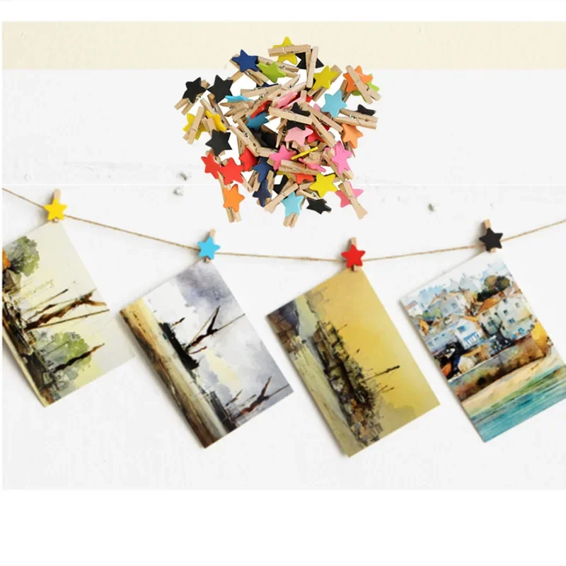 50pcs Colored Stars Mini Wooden Clothespin Craft Clips DIY Clothes Paper Peg Decorative Craft Photo Frame Clips Wedding Party