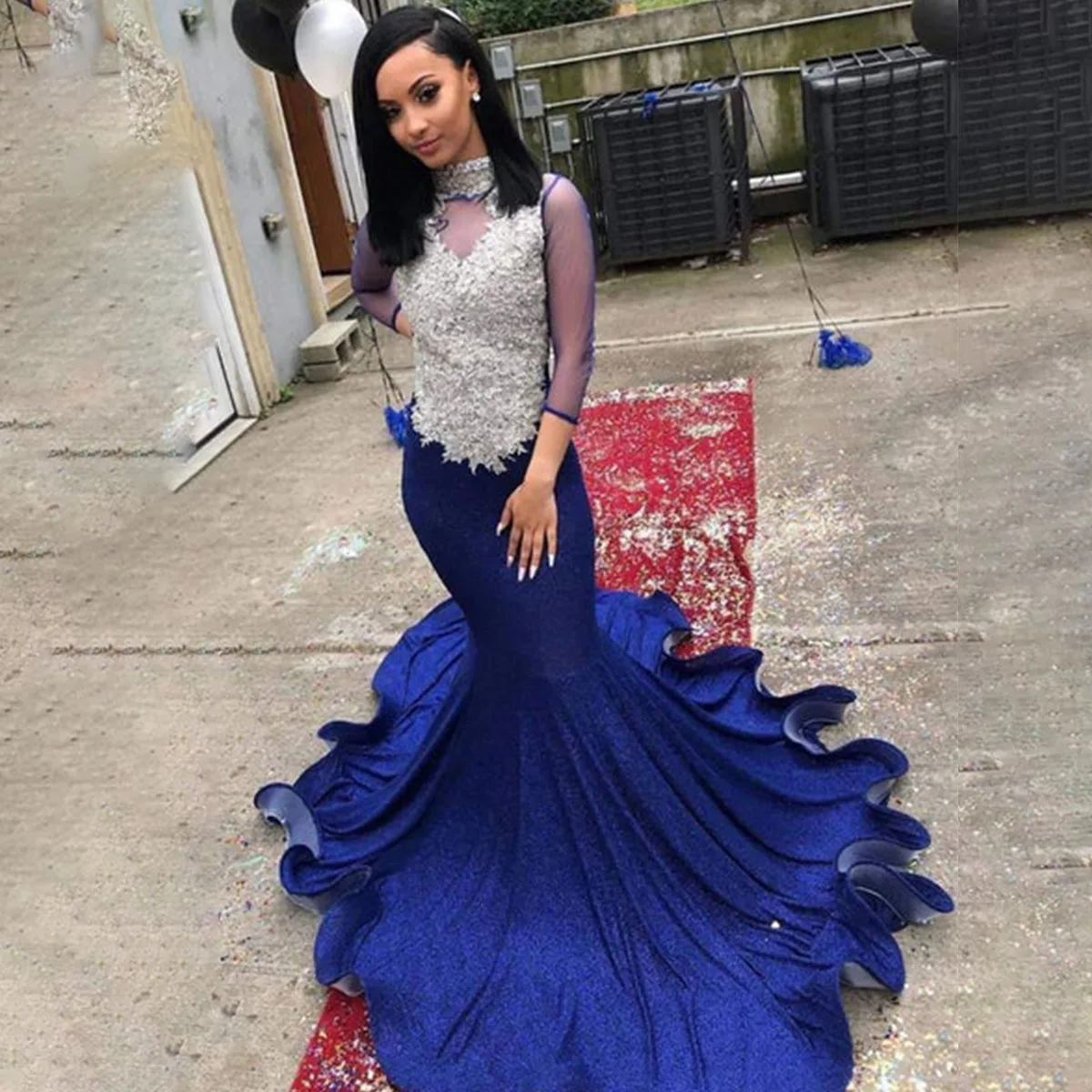 

Blue Fashion Mermaid Bride Dresses High Collar Tulle Full Applique Crystal Open Back Brush Train Prom Dress Robe de soirée