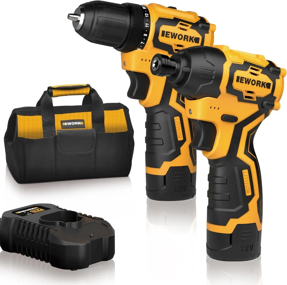 EWORK 12V Brushless Impact Driver and Cordless Drill Set, Compact Power Tool Combo Kits, High Torque Small Electric Drill