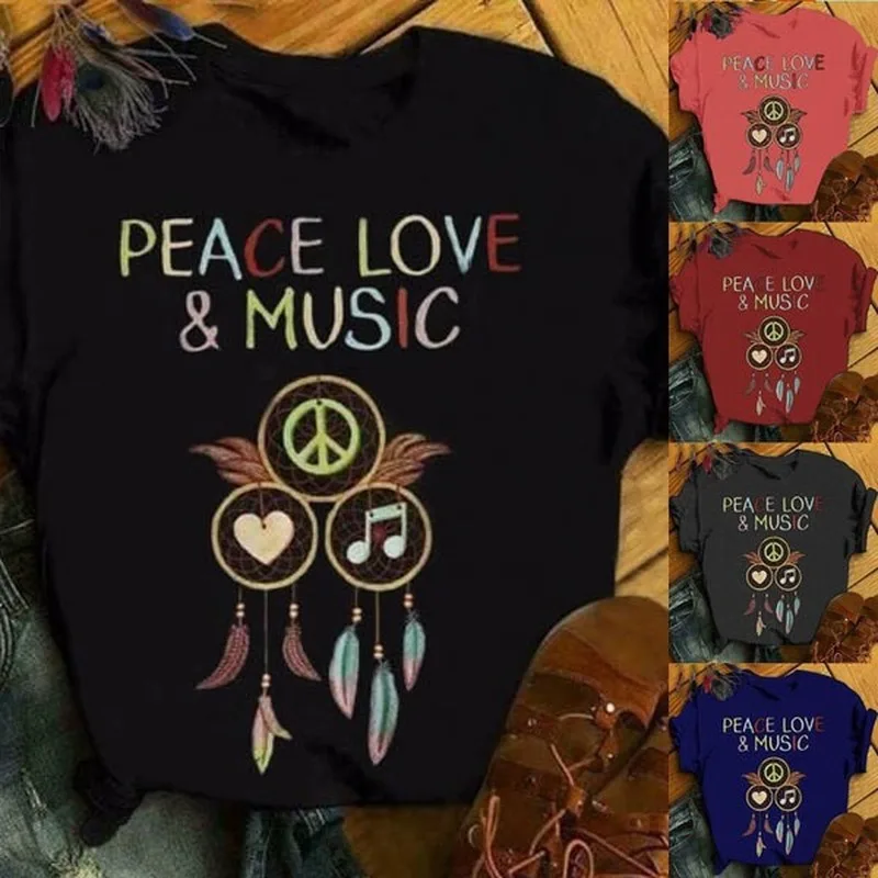 

Peace Love Music Wind Chimes Print Women T Shirt Short Sleeve O Neck Loose Women Tshirt Ladies Fashion Tee Shirt Tops Clothes