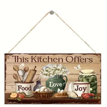 Targa rustica per decorazione da parete per cucina in legno - Targa da appendere "Questo cucina offre cibo amore gioia" con cucina e illustrazione floreale 1