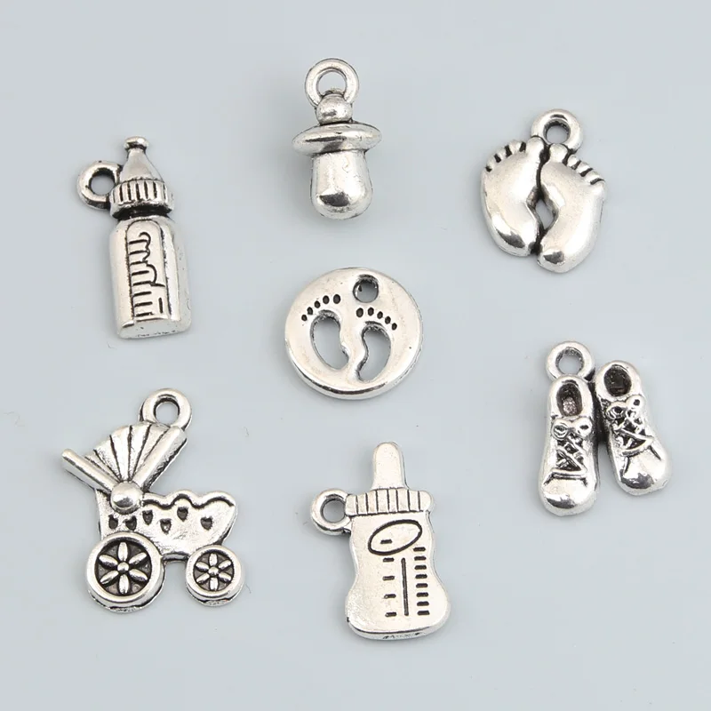 14pcs Mix Silver Color Baby Cup Milk Bottle Charms Footprint Baby