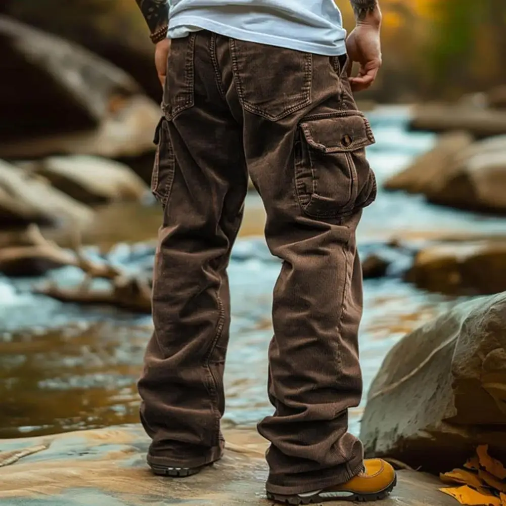 Pantalon velours côtelé cargo homme style rétro multi-poches pour pêche décontractée