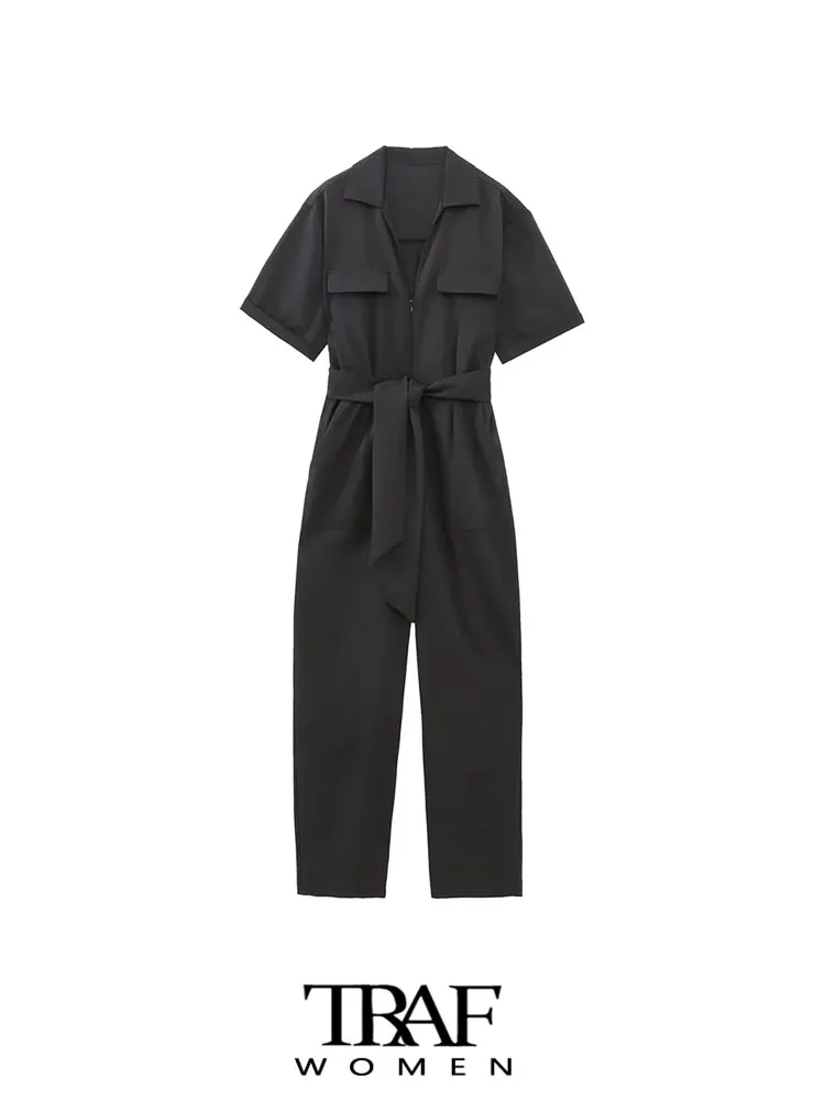

TRAF Women Fashion With Belt Front Zipper Jumpsuits Vintage Short Sleeve Side Pockets Female Playsuits Mujer