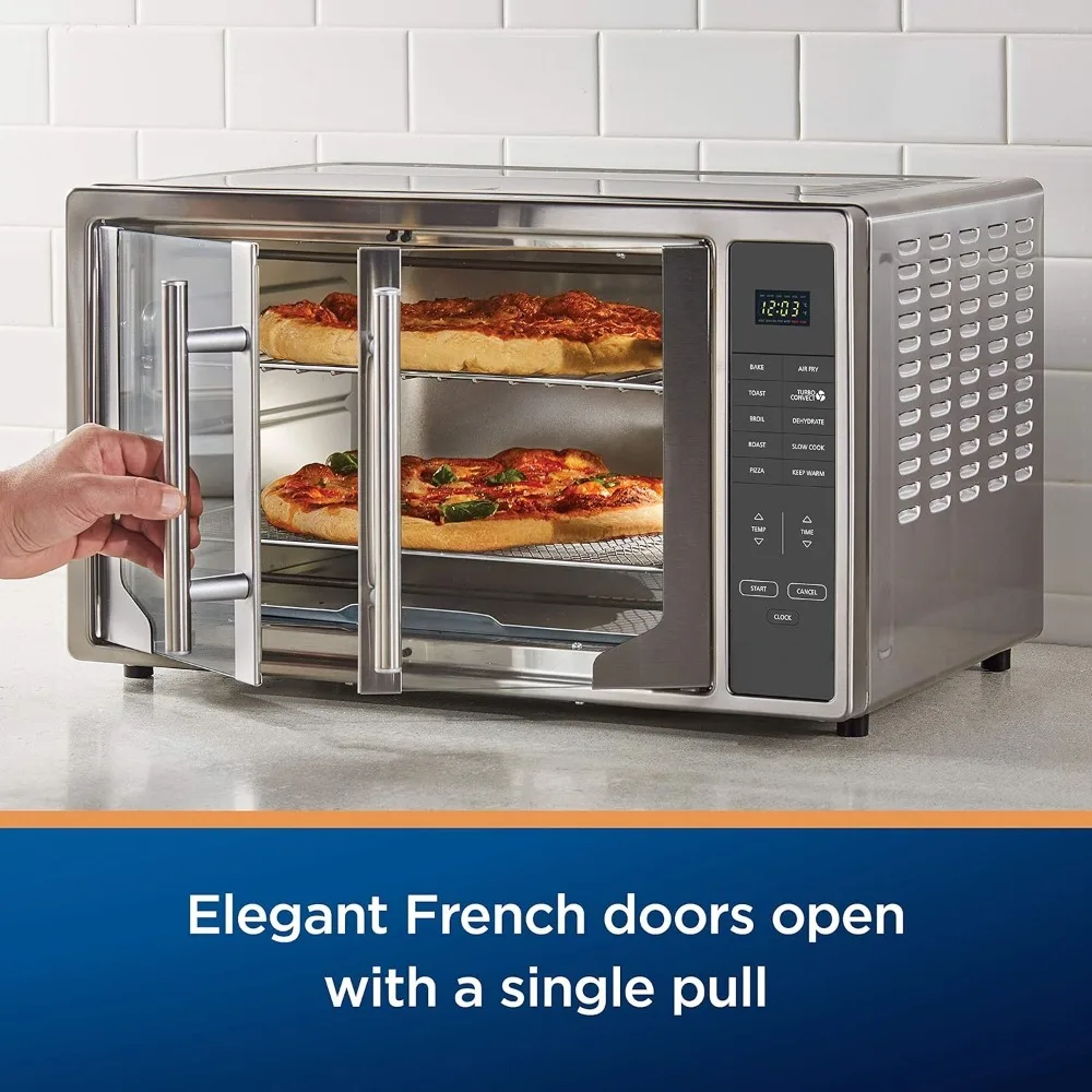 Air fryer oven, countertop toaster, large enough for 2 pizzas, stainless steel French doors, extra large mini oven 2