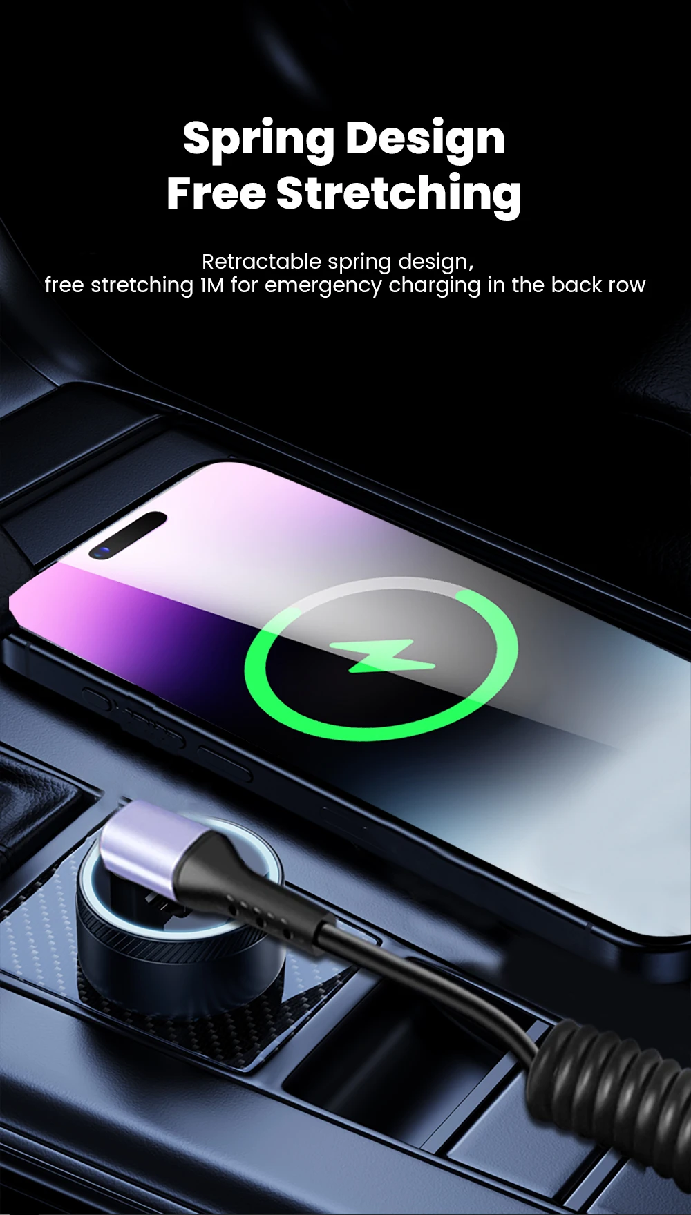 66W Car Spring Cable Fast Charging 6A 20CM To 1M Type C To Type C Data Cord For iPhone 15 16 Samsung Huawei Xiaomi USB C Cable
