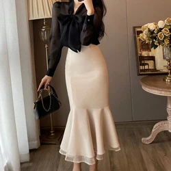 Elegant Black Long - Sleeved Shirt and Fishtail Skirt Ensemble - XXXL (Two - piece suit)