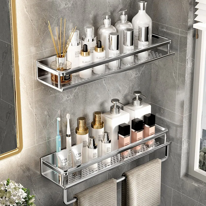 Bathroom Shelf Wall-mounted Storage Bracket with Towel Bar Space Aluminum Thickened Organizer Shelf, bathroom storage shelf,bathroom accessories
