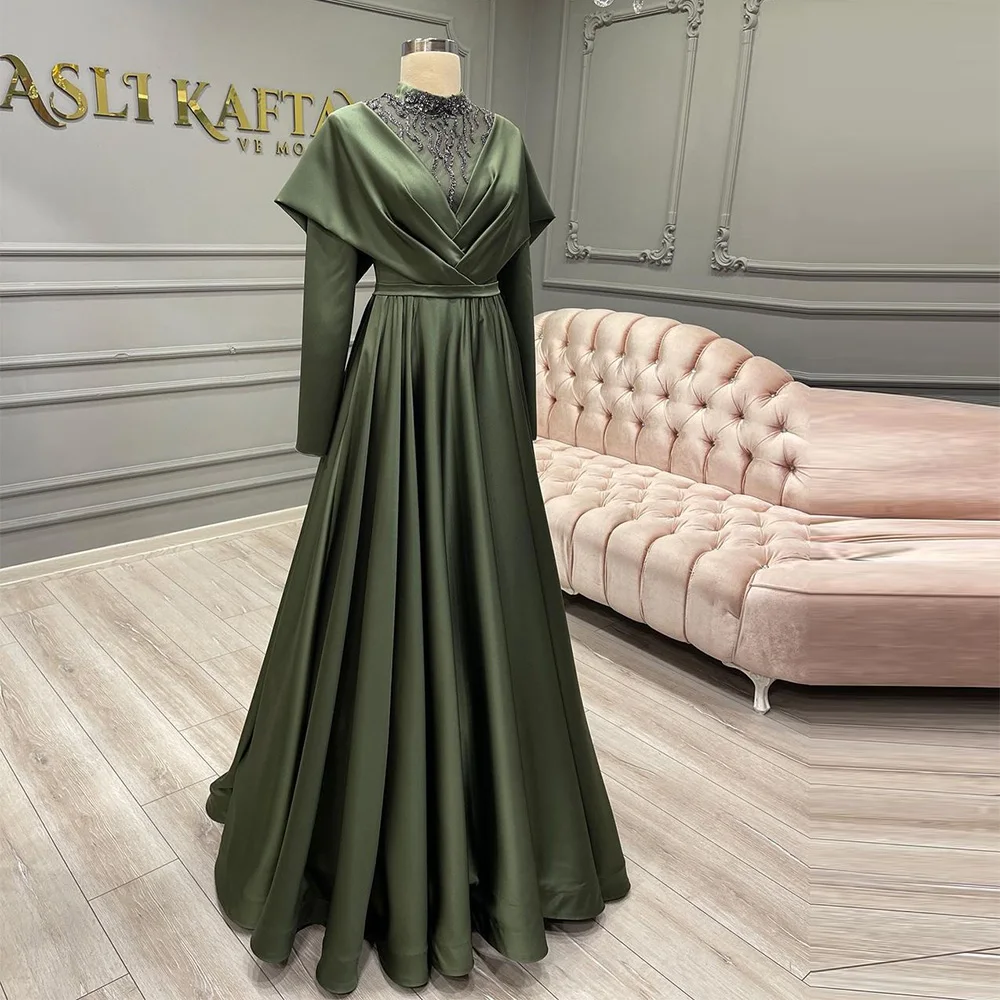 

Xijun Elegant Arabic Muslim Evening Dresses Long Sleeves High-Neck Beading Sequined A-Line Modest Prom Dress Formal Party Gowns